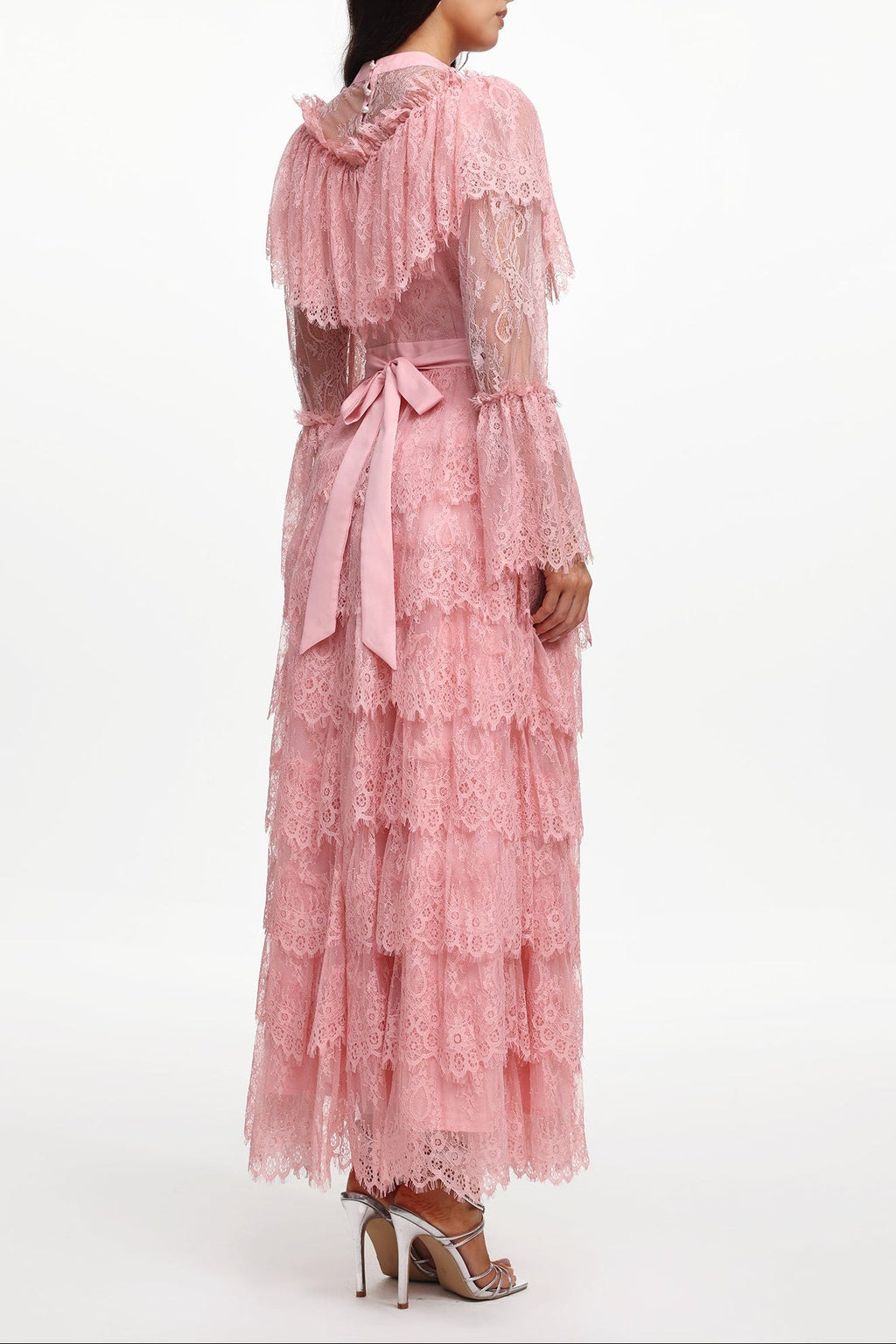 Emmi Long Sleeve Falbala Rhinestone Lace Pink Maxi Dress