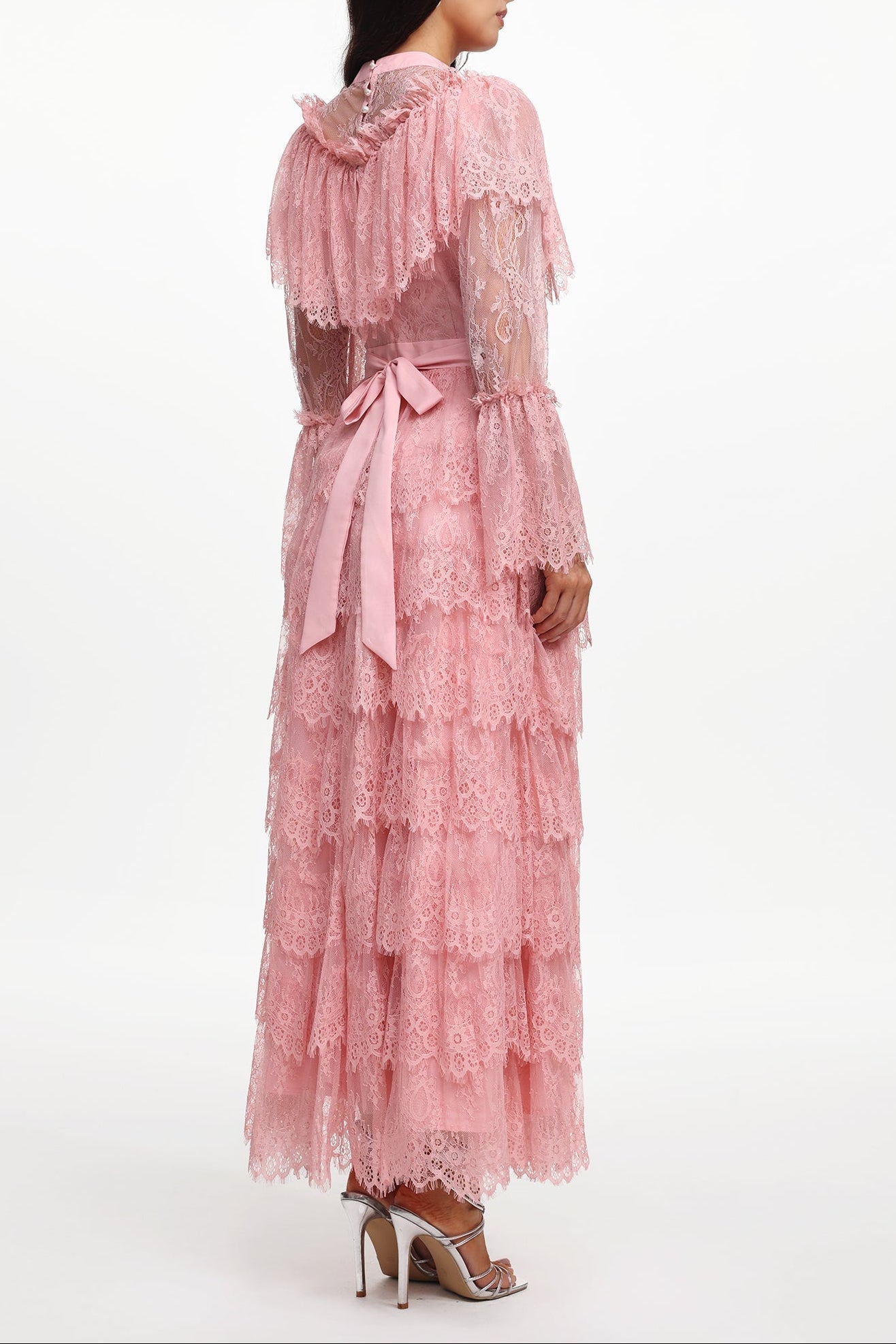 Emmi Long Sleeve Falbala Rhinestone Lace Pink Maxi Dress