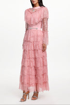 Emmi Long Sleeve Falbala Rhinestone Lace Pink Maxi Dress