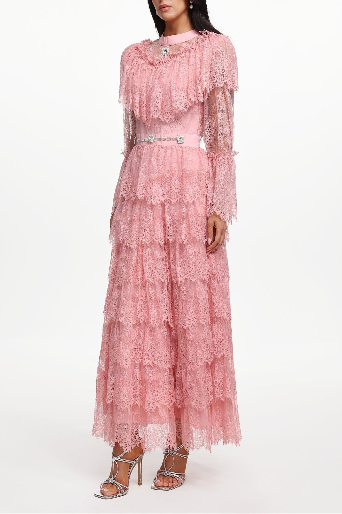 Emmi Long Sleeve Falbala Rhinestone Lace Pink Maxi Dress