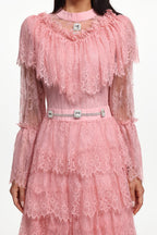 Emmi Long Sleeve Falbala Rhinestone Lace Pink Maxi Dress
