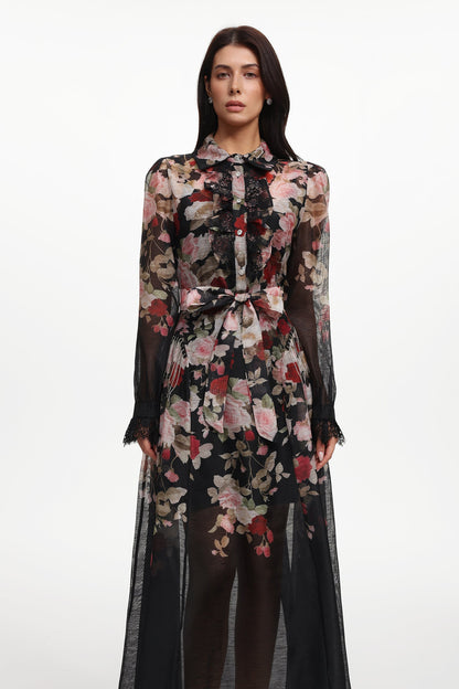 Glenda Black Long Sleeve Printed Woven Maxi Dress