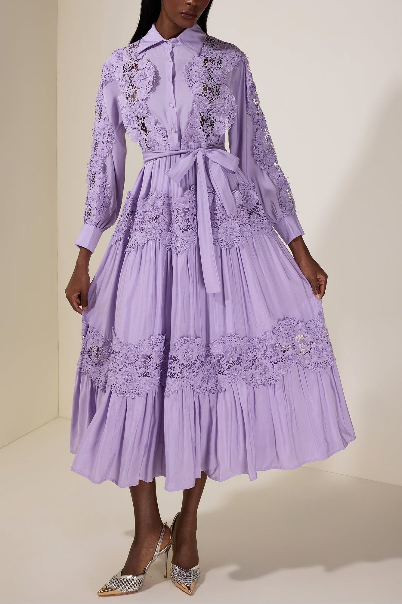 alexandra Splicing Flapped Lace hollow Midi Dress in purple