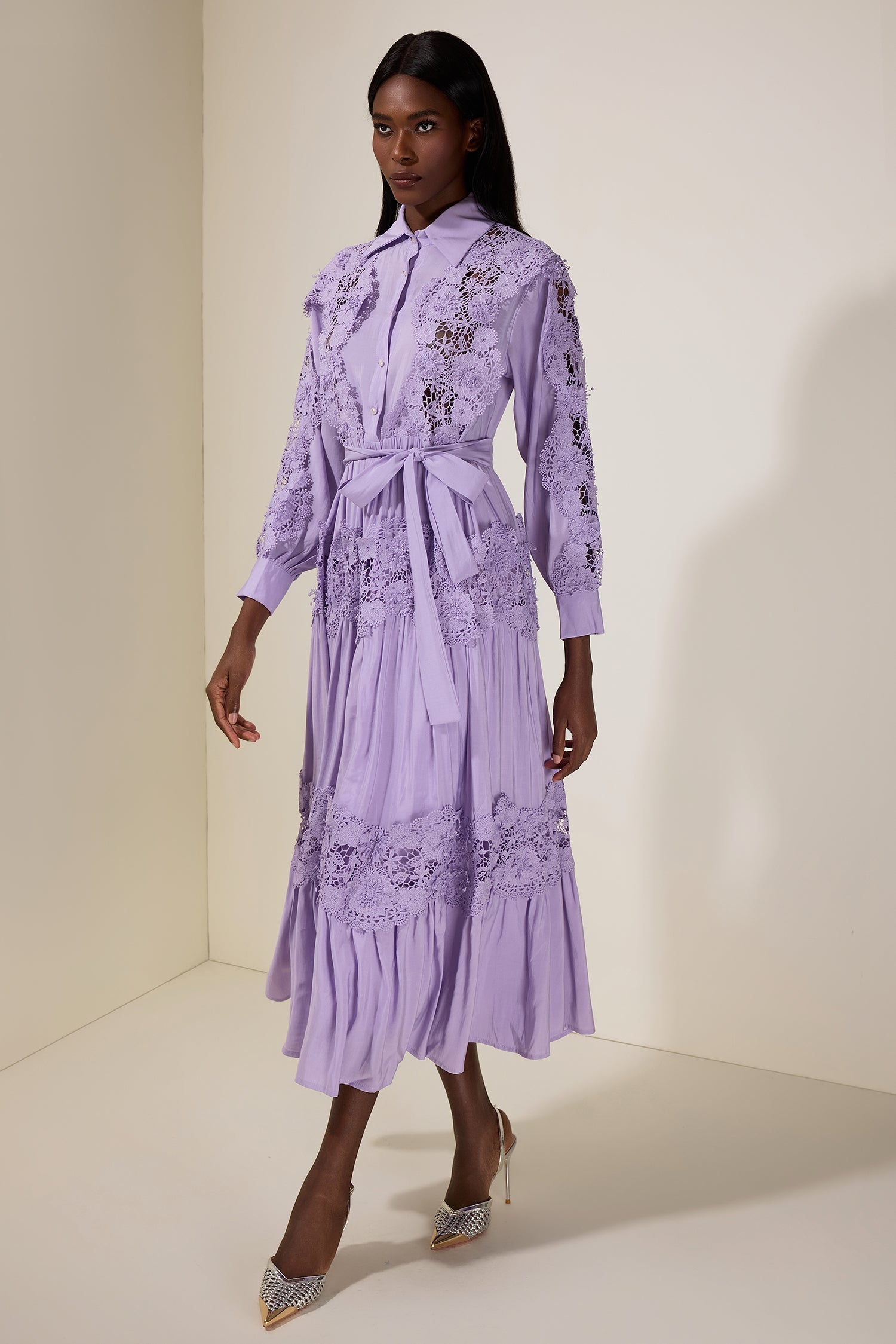 alexandra Splicing Flapped Lace hollow Midi Dress in purple