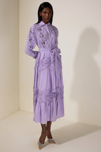 alexandra Splicing Flapped Lace hollow Midi Dress in purple