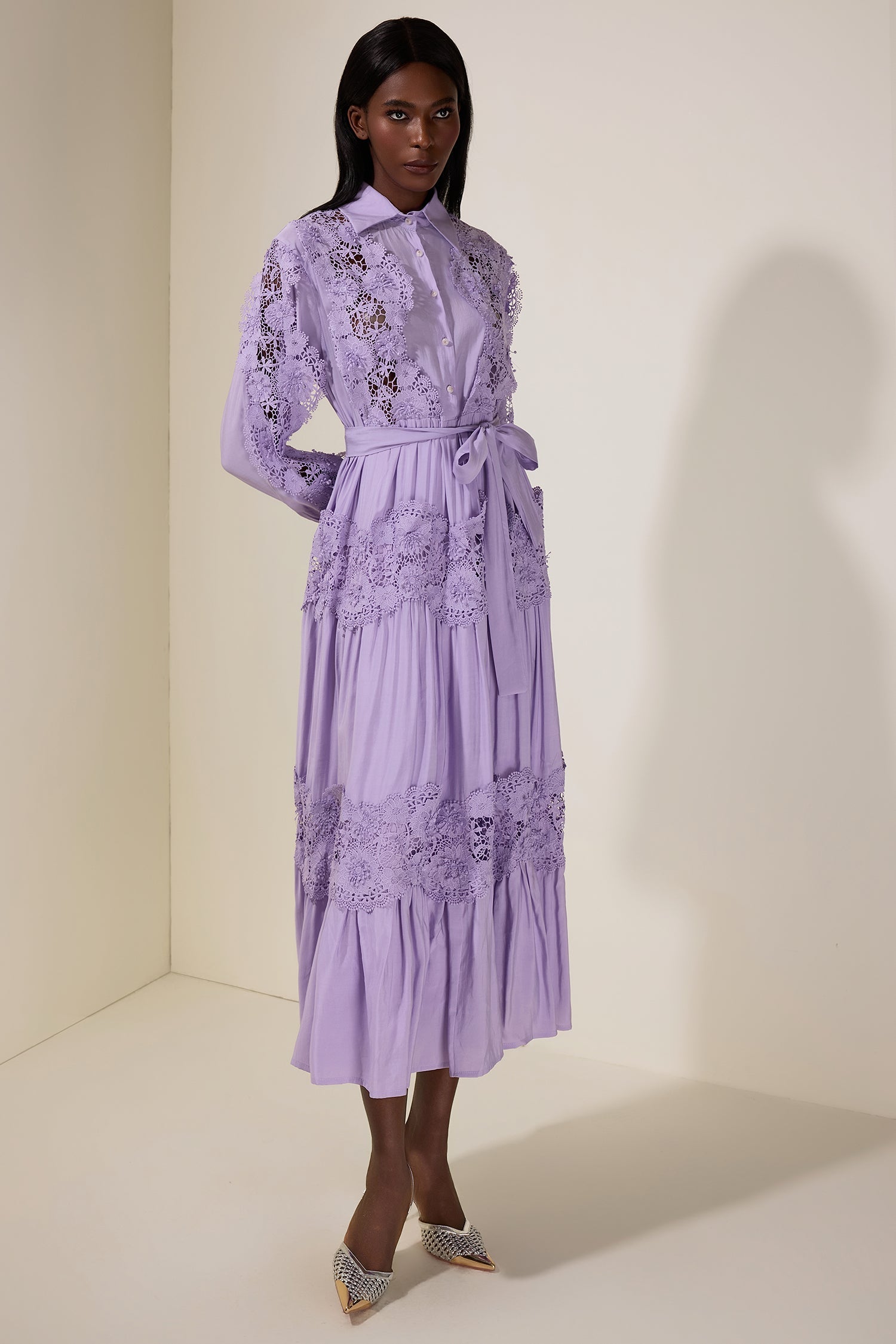 alexandra Splicing Flapped Lace hollow Midi Dress in purple