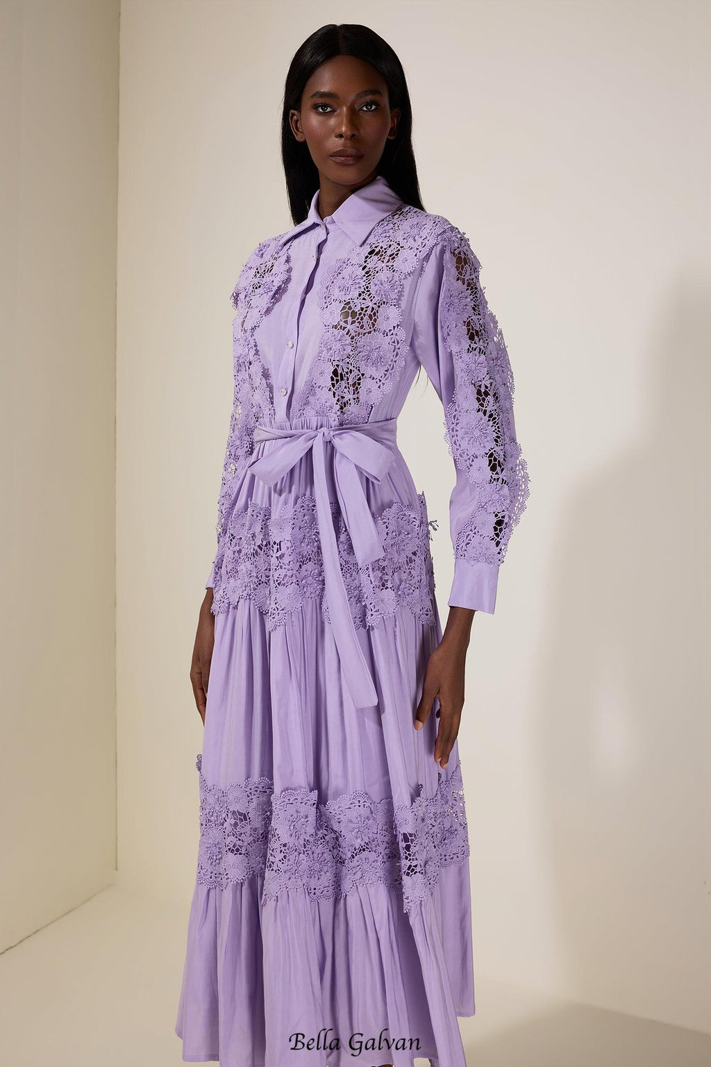alexandra Splicing Flapped Lace hollow Midi Dress in purple