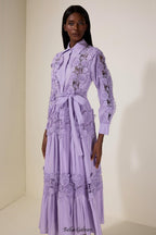 alexandra Splicing Flapped Lace hollow Midi Dress in purple