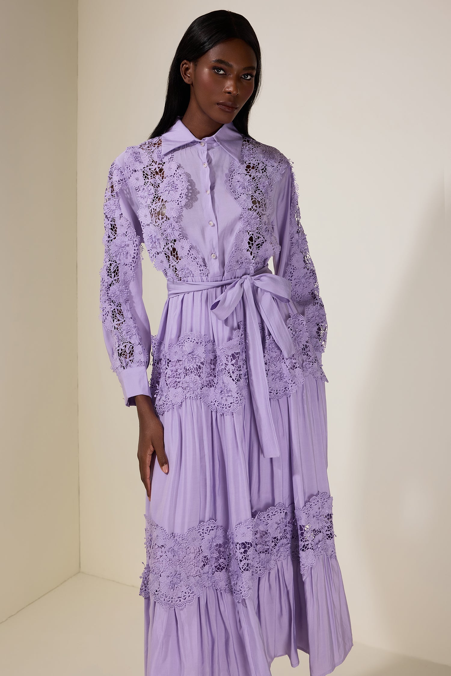 alexandra Splicing Flapped Lace hollow Midi Dress in purple