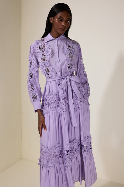 alexandra Splicing Flapped Lace hollow Midi Dress in purple