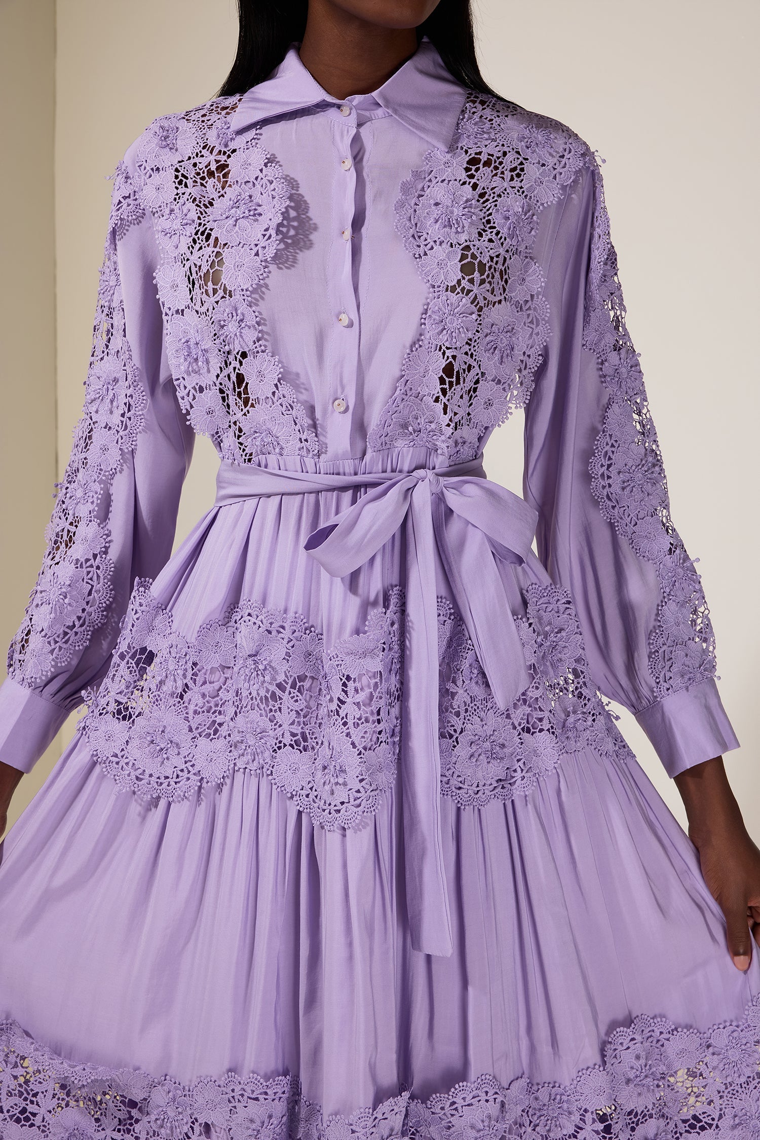 alexandra Splicing Flapped Lace hollow Midi Dress in purple