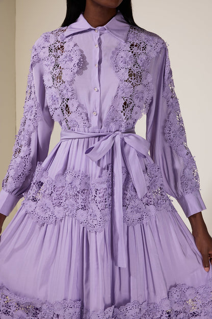 alexandra Splicing Flapped Lace hollow Midi Dress in purple