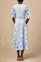 penny Openwork floral lace blouse maxi skirt set - blue