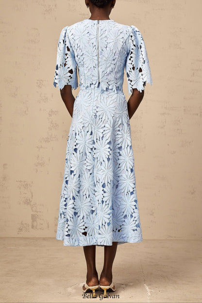 penny Openwork floral lace blouse maxi skirt set - blue