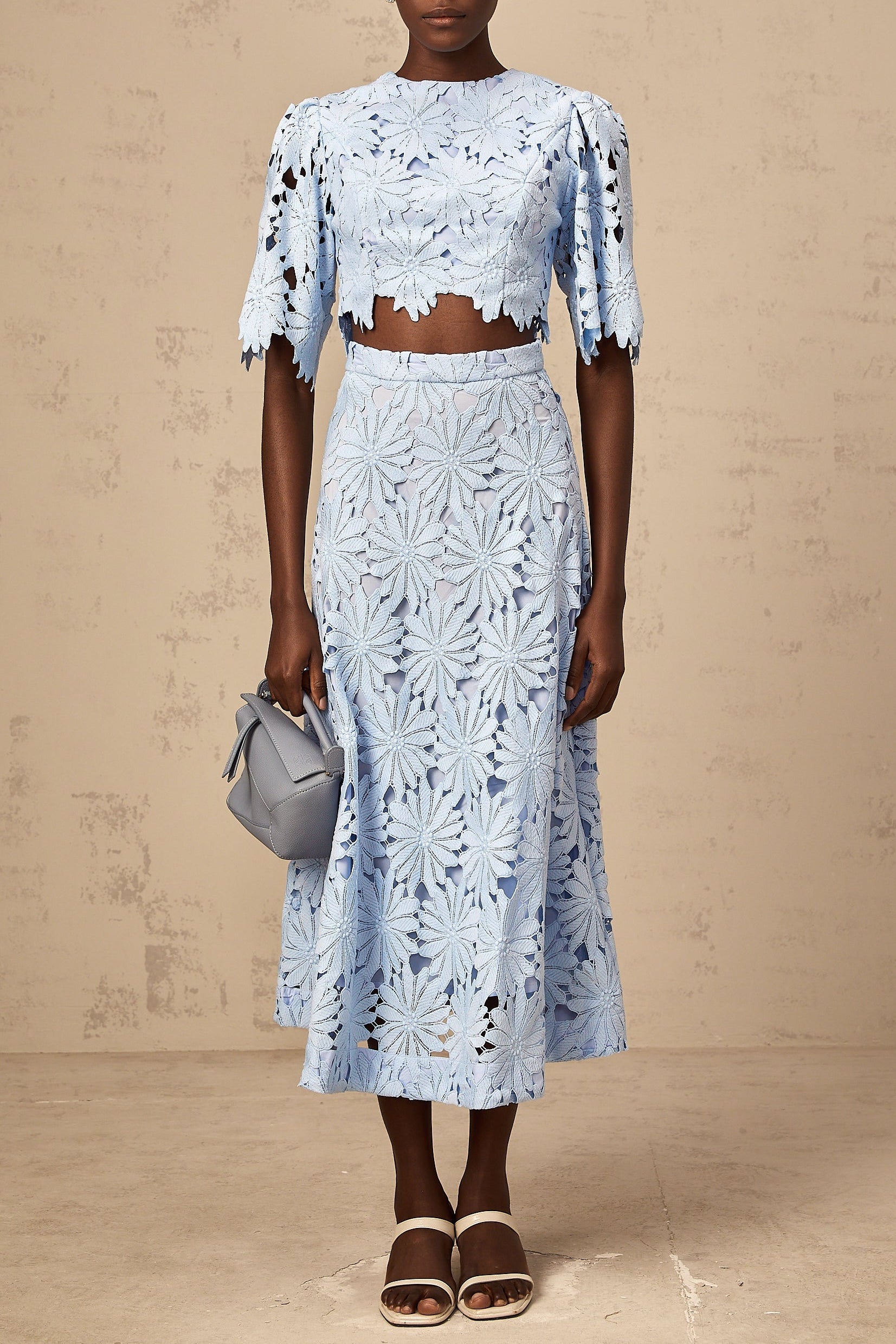 penny Openwork floral lace blouse maxi skirt set - blue