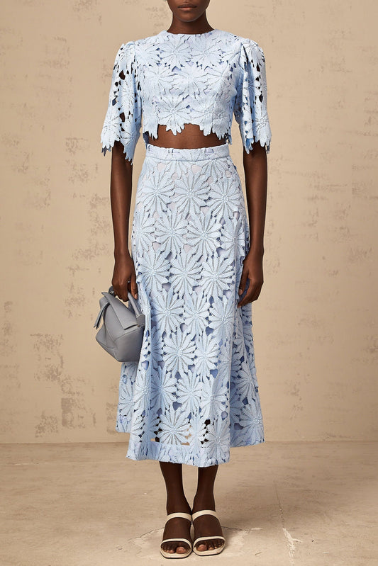 penny Openwork floral lace blouse maxi skirt set - blue
