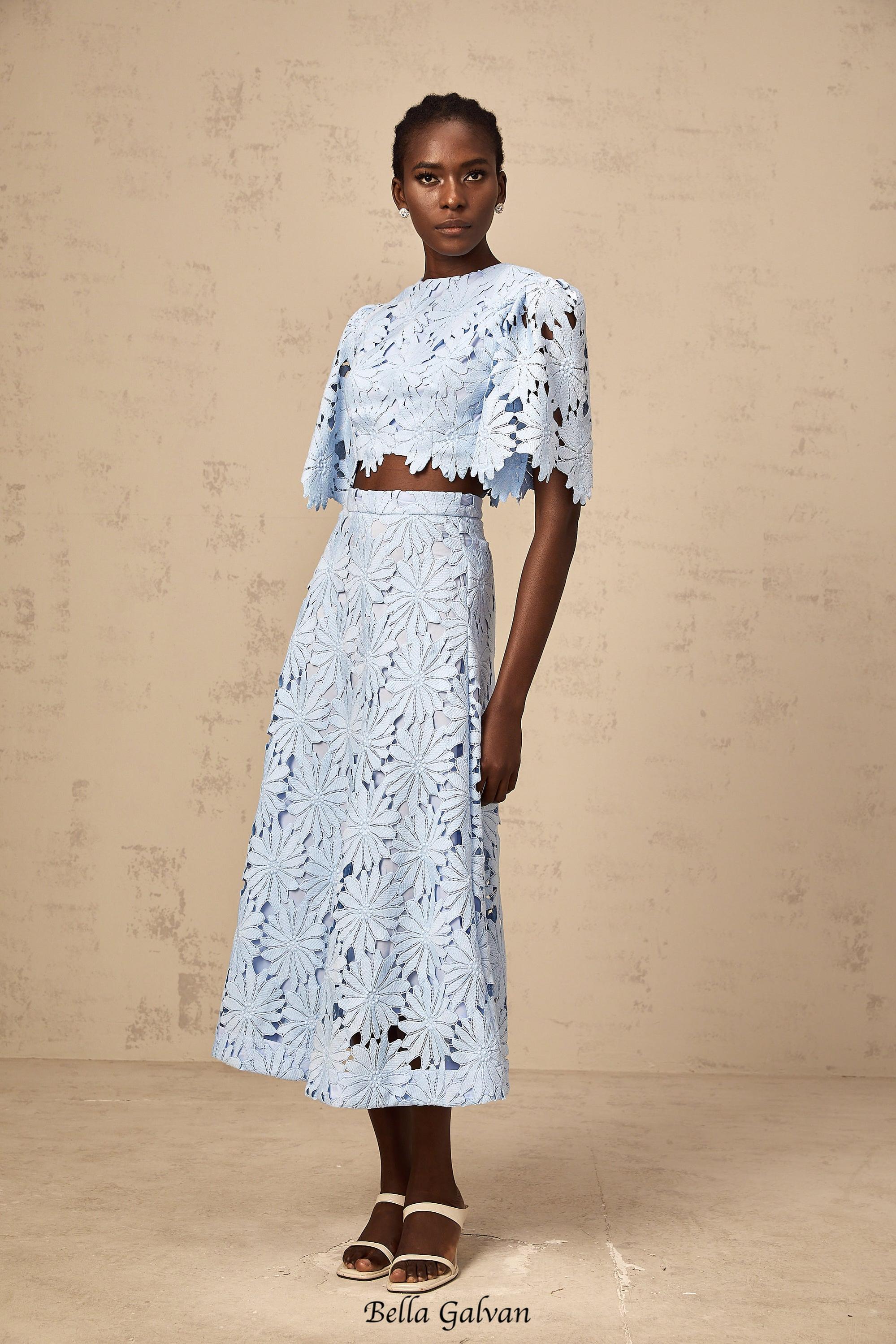penny Openwork floral lace blouse maxi skirt set - blue