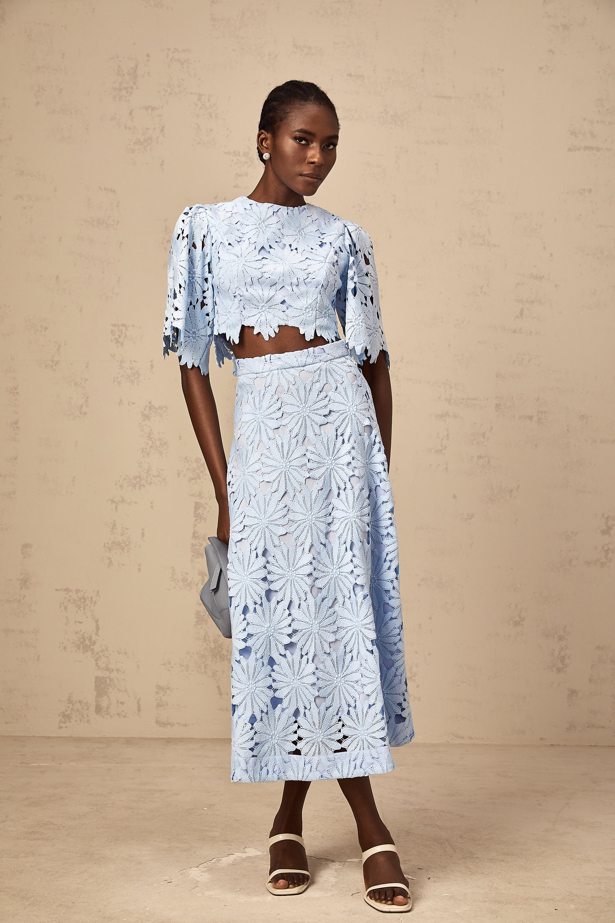 penny Openwork floral lace blouse maxi skirt set - blue
