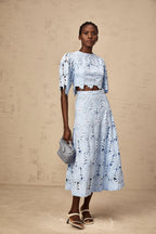 penny Openwork floral lace blouse maxi skirt set - blue
