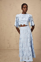 penny Openwork floral lace blouse maxi skirt set - blue