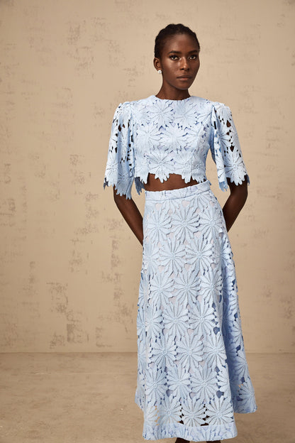 penny Openwork floral lace blouse maxi skirt set - blue