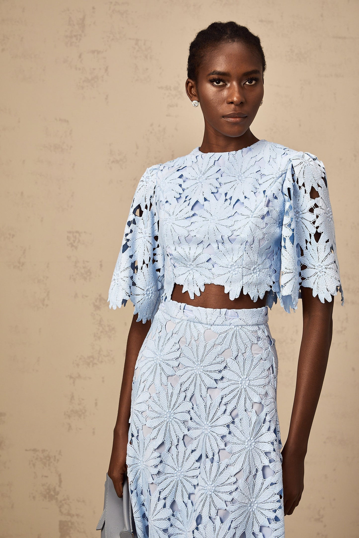 penny Openwork floral lace blouse maxi skirt set - blue