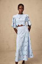 penny Openwork floral lace blouse maxi skirt set - blue