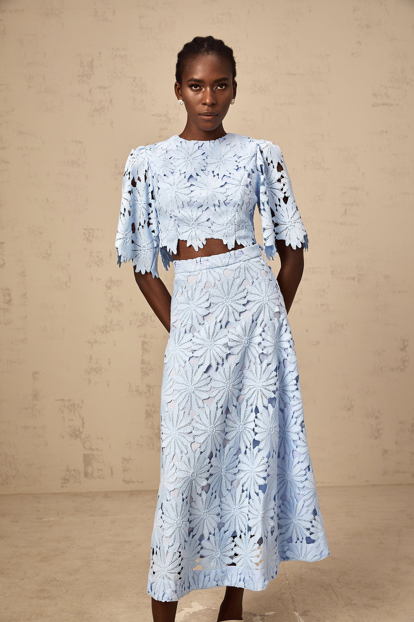 penny Openwork floral lace blouse maxi skirt set - blue