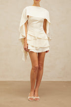 Lyna White Satin Ruffled Mini Dress With Shawl Panel Detail