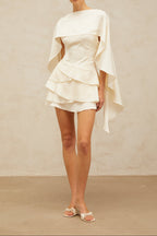 Lyna White Satin Ruffled Mini Dress With Shawl Panel Detail