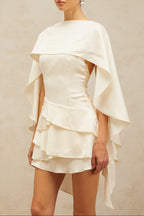 Lyna White Satin Ruffled Mini Dress With Shawl Panel Detail