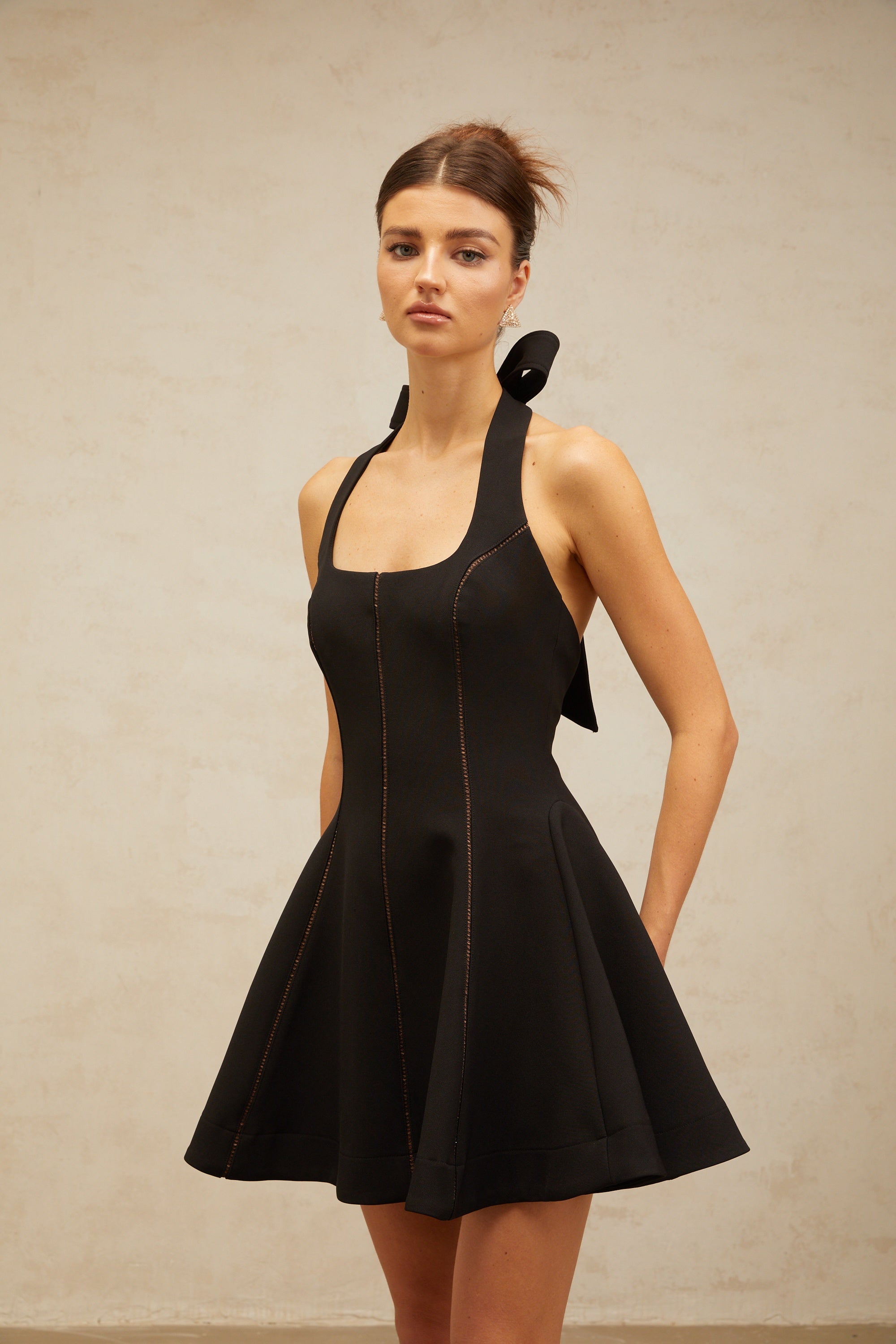 Flowering Girl Women sandy halterneck bow-embellished mini dress in Black