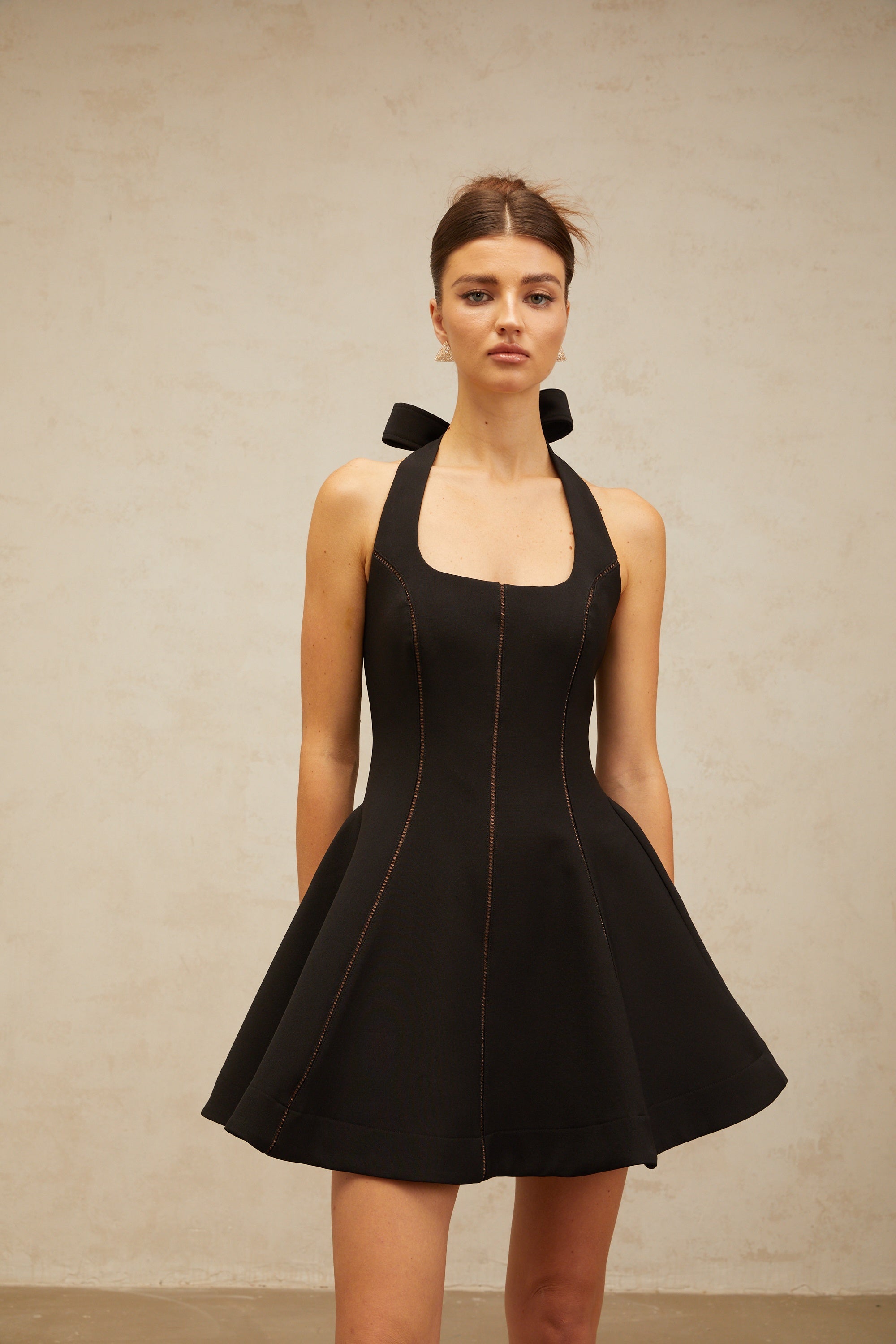 Flowering Girl Women sandy halterneck bow-embellished mini dress in Black