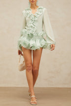 flounced chiffon blouse & skirt matching set in mint