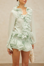 flounced chiffon blouse & skirt matching set in mint