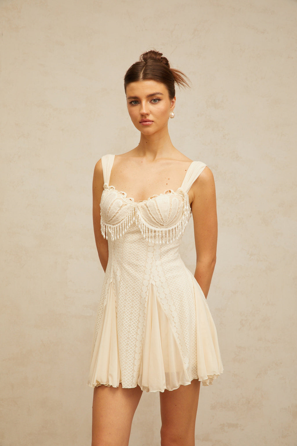 Flowering Girl Women atalanta embellished flared mini dress in cream-white