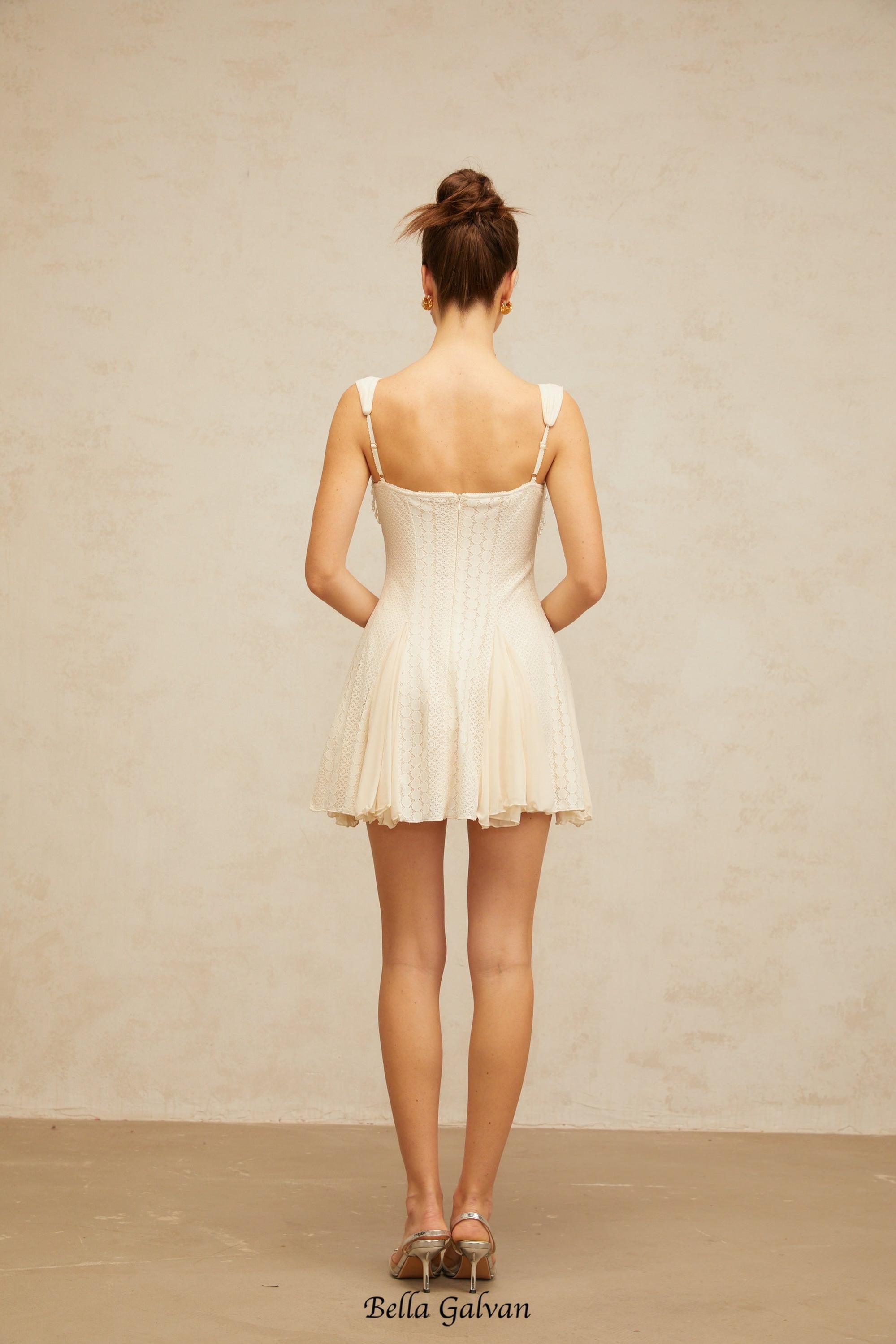 atalanta embellished flared mini dress in cream-white