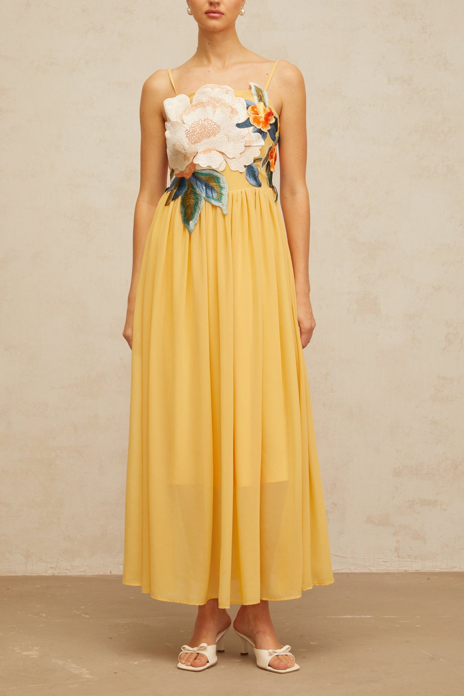joann Appliqué Camellia Floral Maxi Dress in yellow