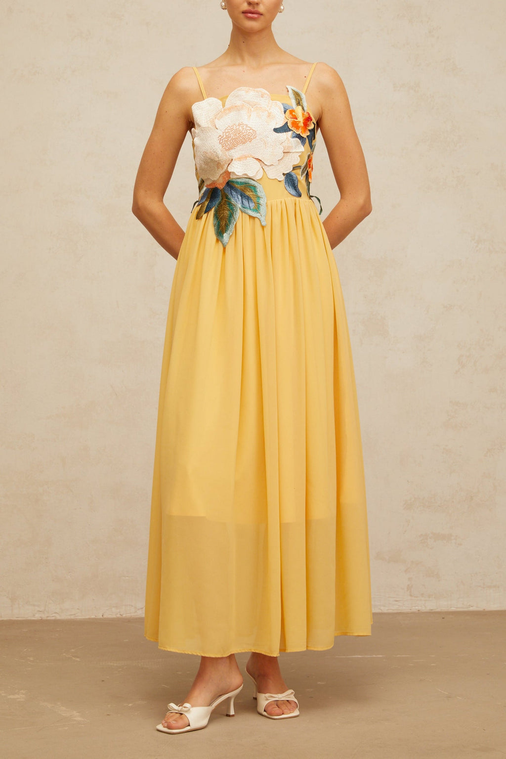 joann Appliqué Camellia Floral Maxi Dress in yellow