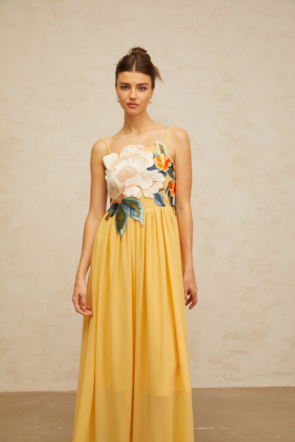 joann Appliqué Camellia Floral Maxi Dress in yellow