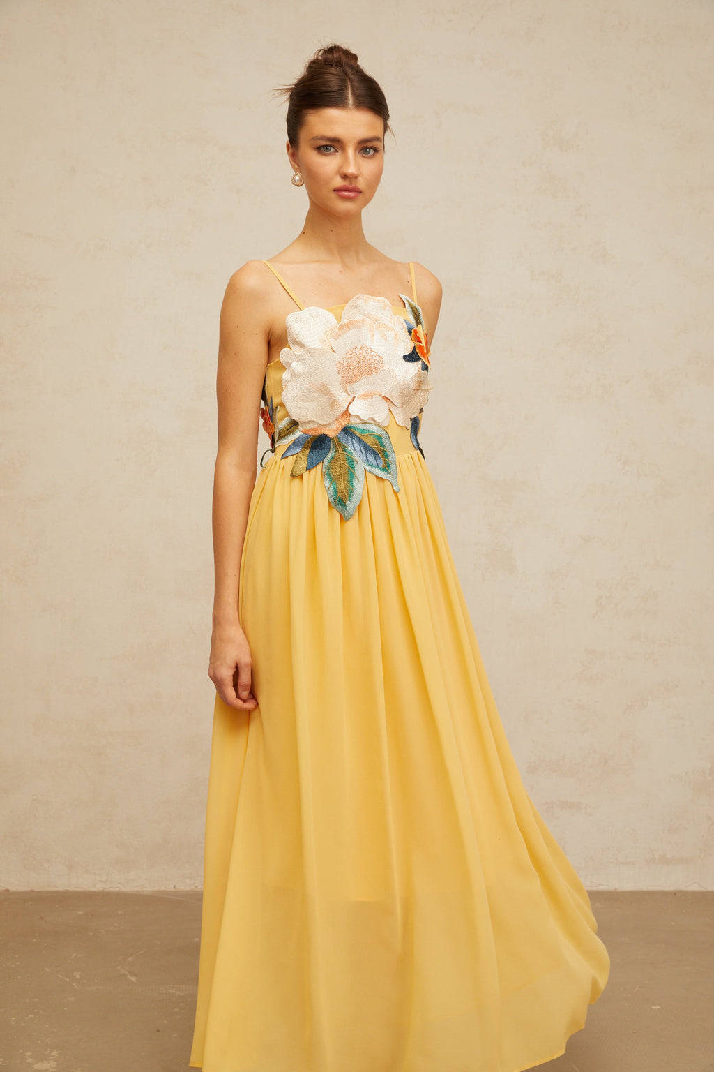 joann Appliqué Camellia Floral Maxi Dress in yellow