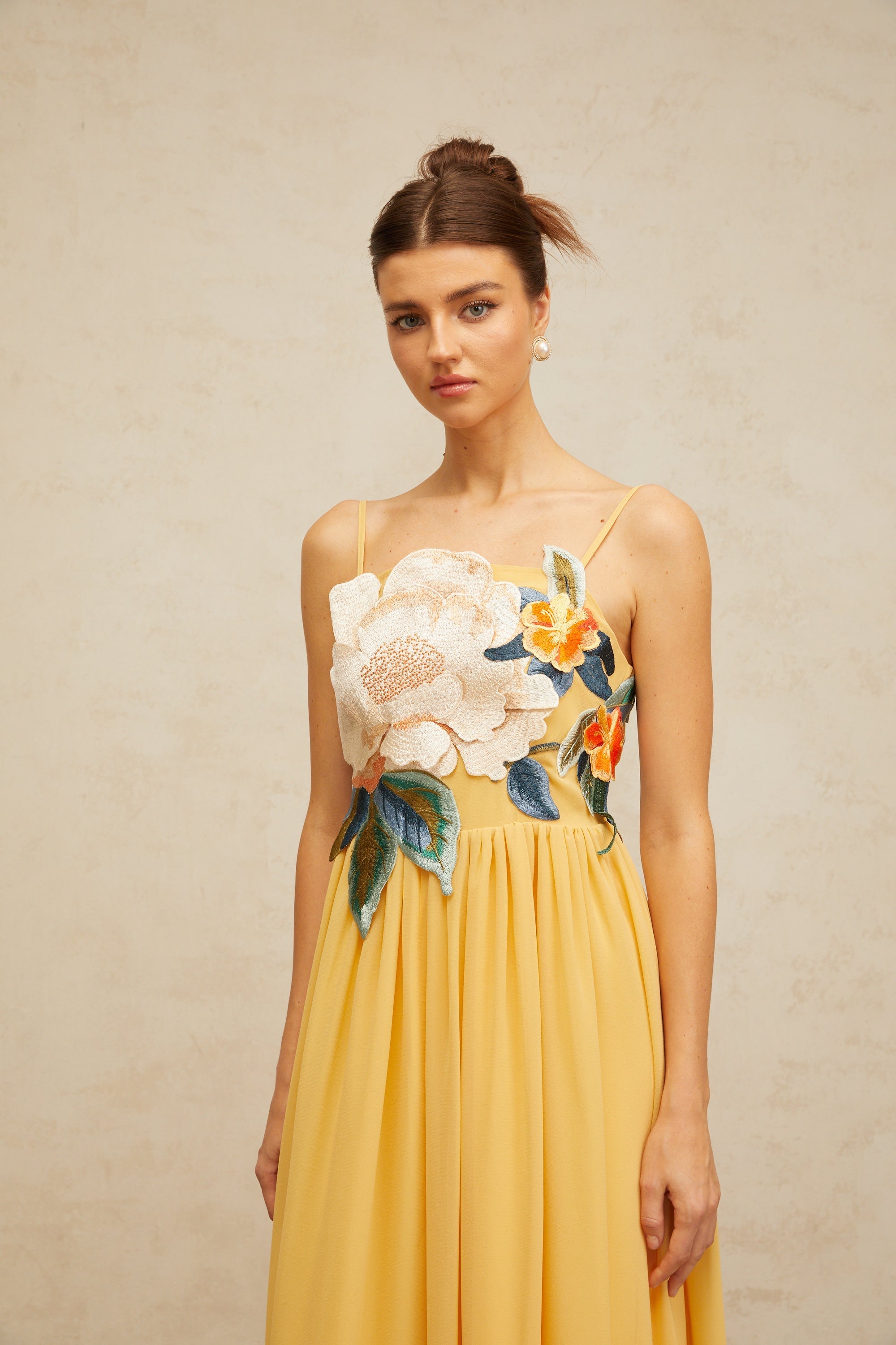 joann Appliqué Camellia Floral Maxi Dress in yellow