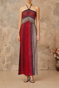 Ulysse Red Metallic Knit Halterneck Maxi Dress