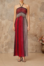 Ulysse Red Metallic Knit Halterneck Maxi Dress
