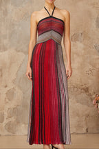 Ulysse Red Metallic Knit Halterneck Maxi Dress