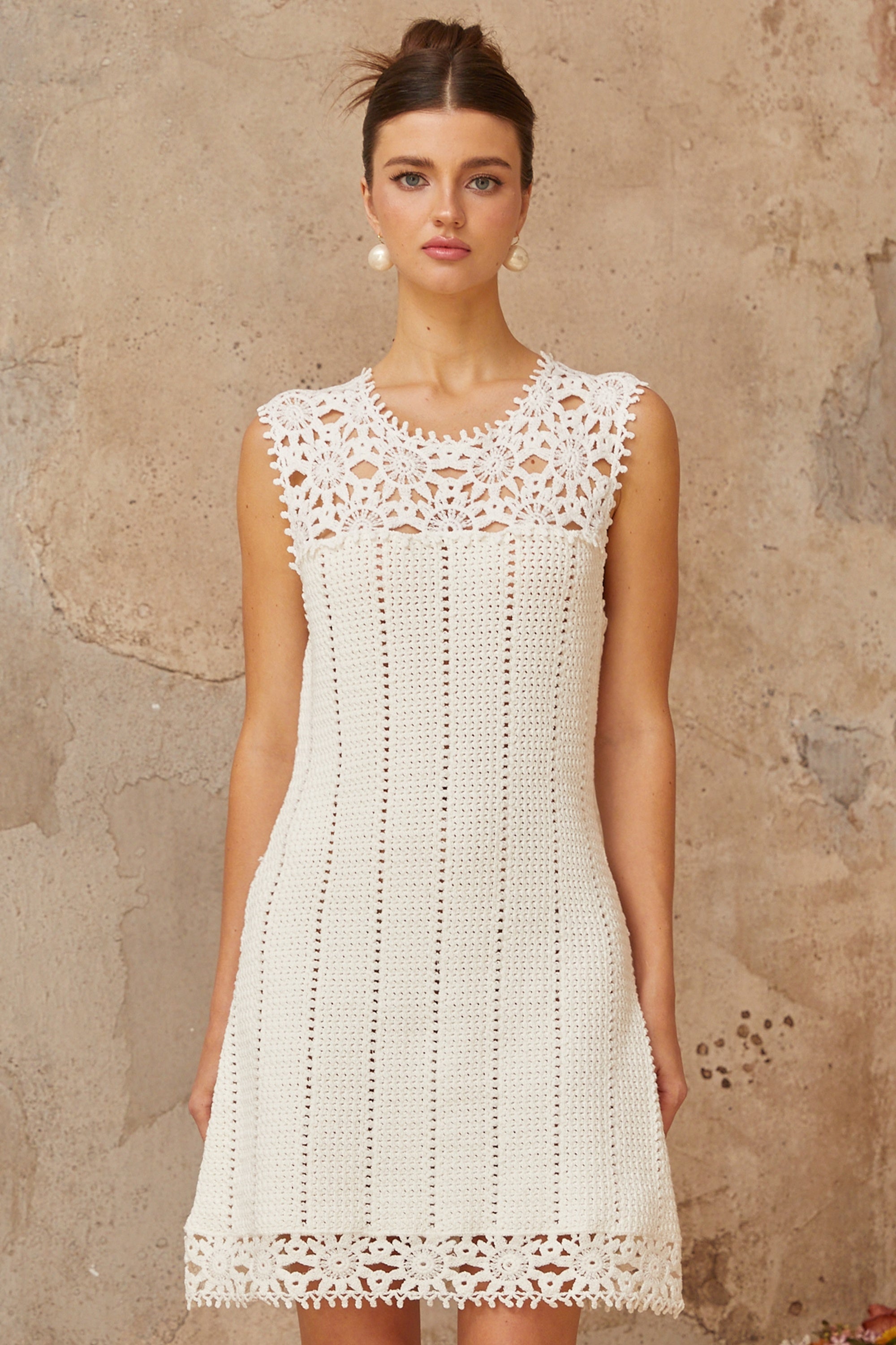 Flowering Girl Women Floral Crochet Mini Dress in white