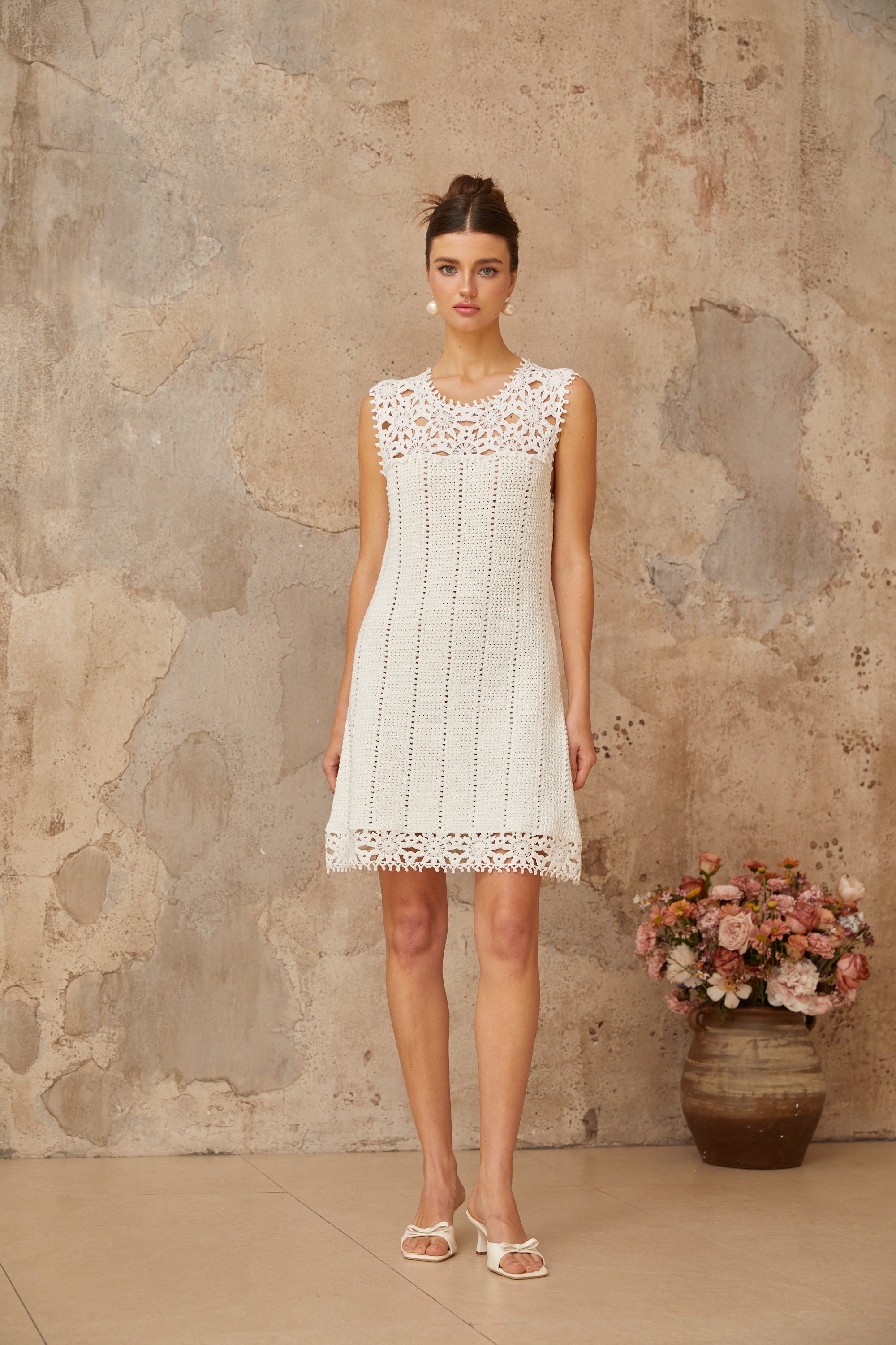 Flowering Girl Women Floral Crochet Mini Dress in white