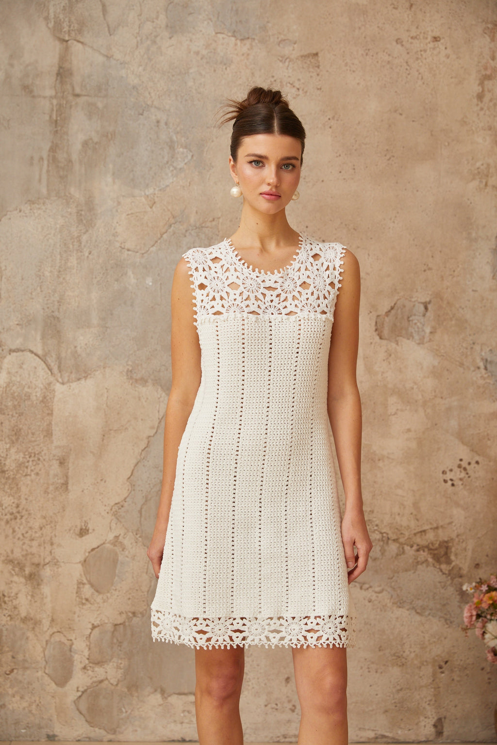 Flowering Girl Women Floral Crochet Mini Dress in white