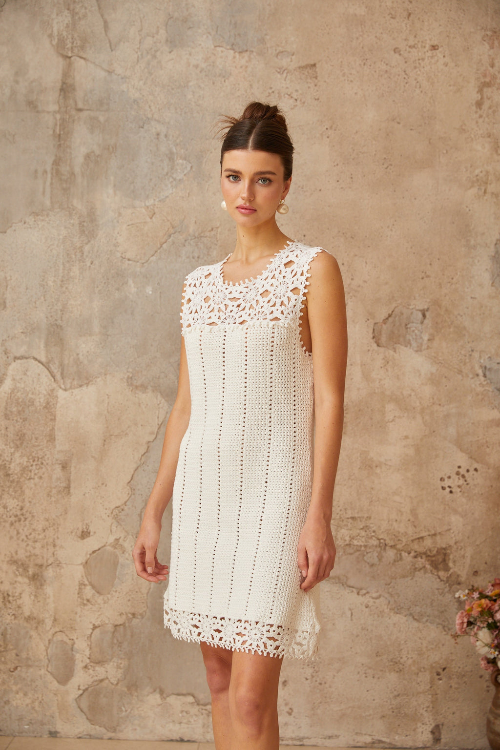 Flowering Girl Women Floral Crochet Mini Dress in white