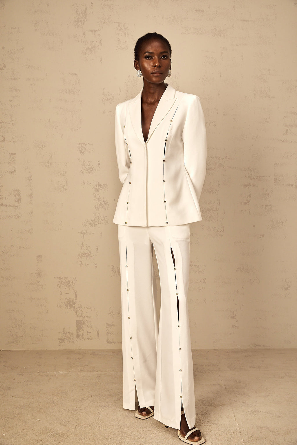 theresa diamond studded hollow out blazer set in white